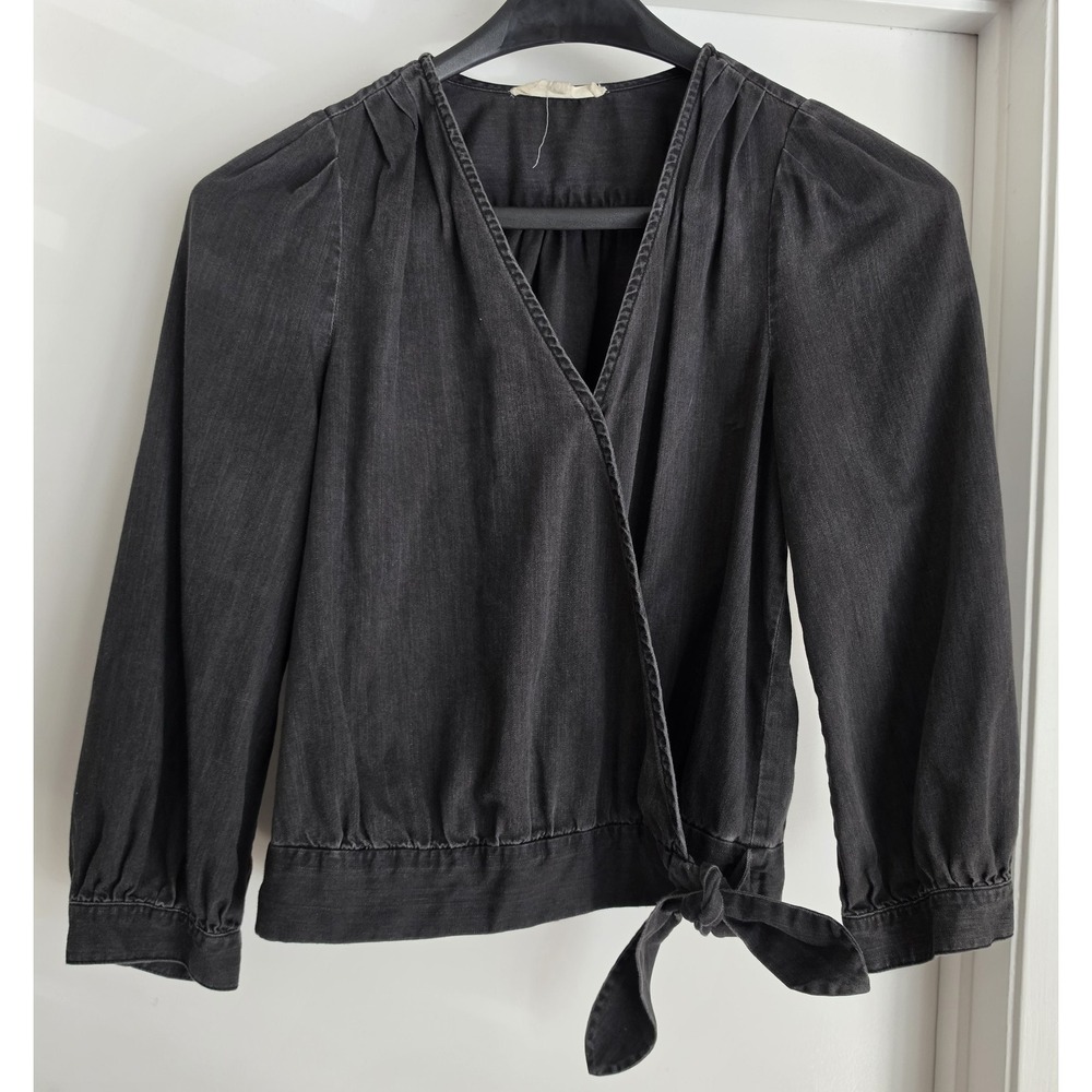 Madewell Wrap Top Women M Black Cotton Long Sleeve V-Neck Casual Blouse Shirt